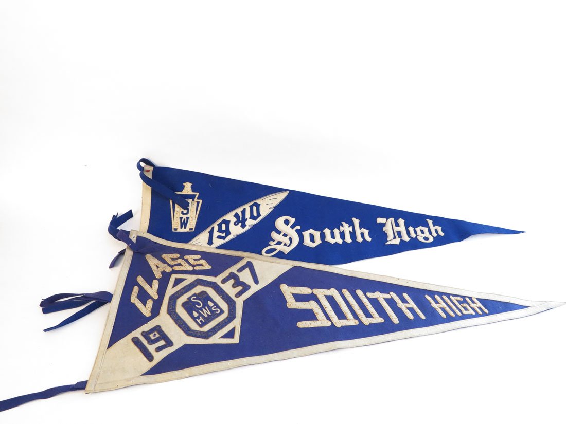 (2) South High School 1937 & 1940 Pennants: Lot of 2 South High School 1937 & 1940 Pennants. Sewn on Letters. 34"