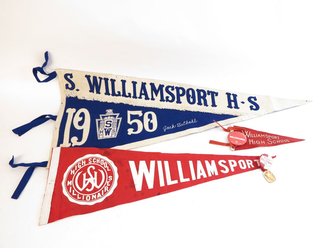 (3) Williamsport PA Pennants: Lot of 3 Williamsport PA Pennants. S. Williamsport 1950 with Sewn on Letters. With 2 Pinbacks. 9-33"