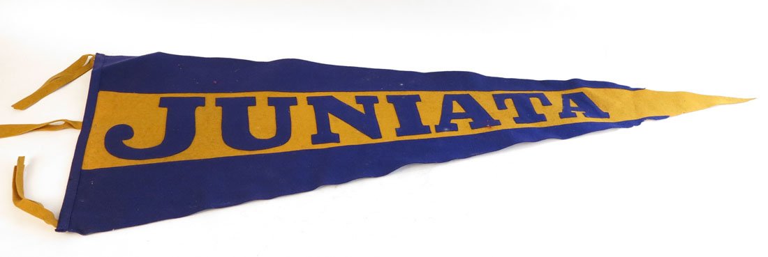 Juniata College Pennant, Sewn on Letters, 47": Juniata College Pennant. Sewn on Letters. Minor damage. 47"