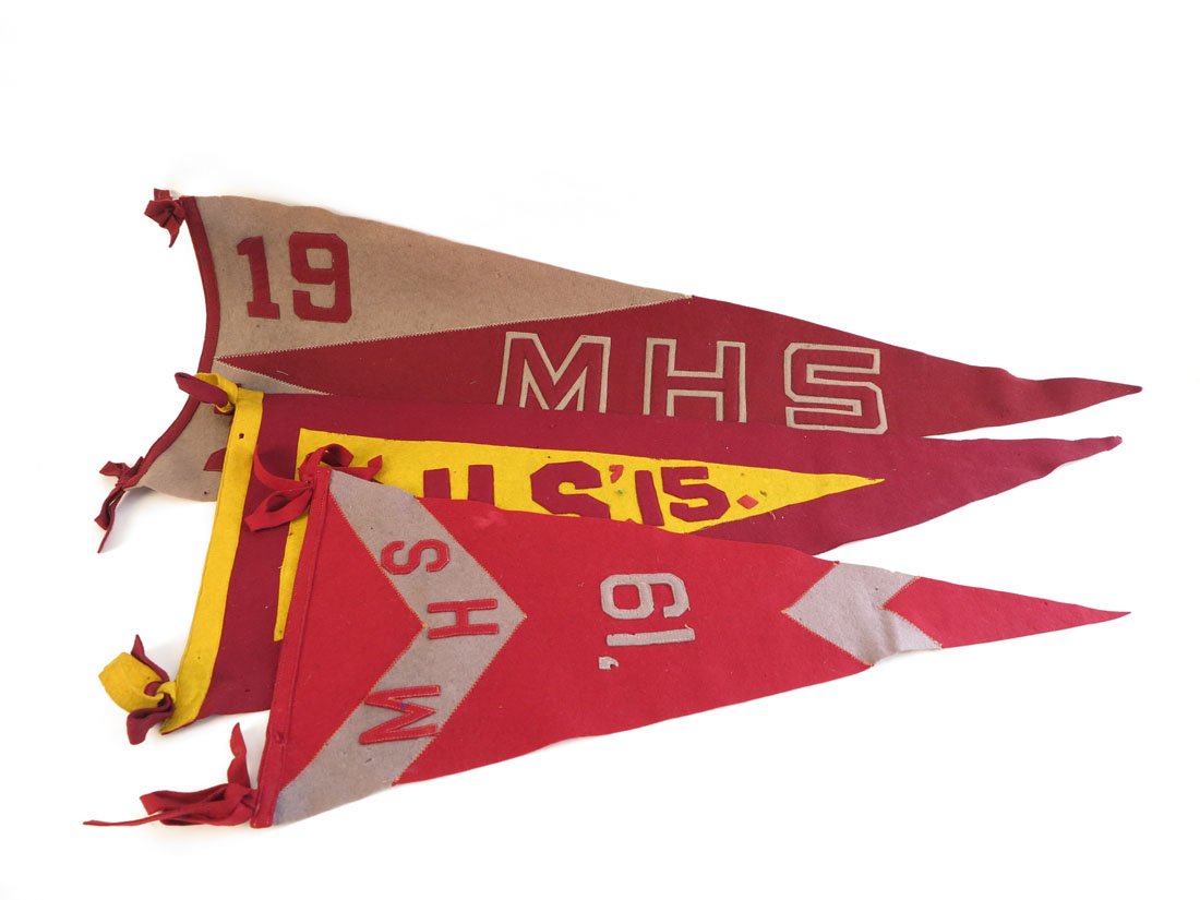 (3) High School Pennants: Lot of 3 Unidentified High School Pennants. MHS 1921, CHS 1915, MHS 1919. Sewn on Letters. 24-34"