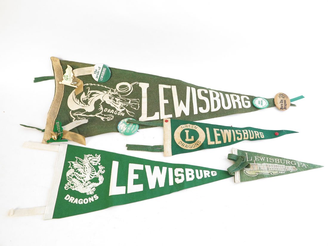 (4) Lewisburg PA High School Pennants with Pinbacks: Lot of 4 Lewisburg PA High School Pennants with Pinbacks. 9-27"