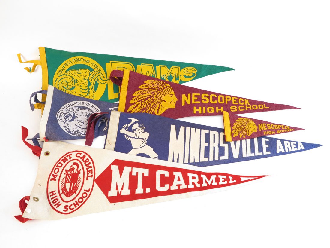 (6) Pennsylvania High School Pennants: Lot of 6 Pennsylvania High School Pennants. Mt. Carmel, Columbia Montour, Nescopeck(2), Minersville, Williamstown. 9-24"