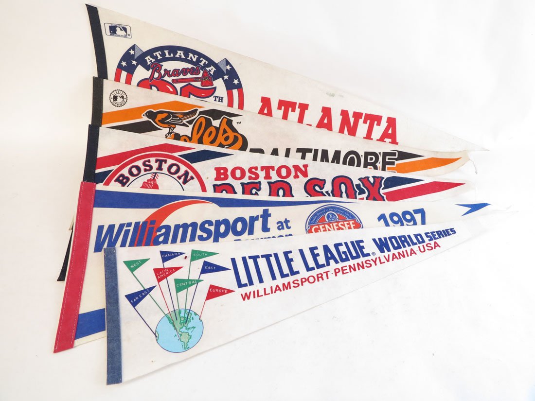 (5) Baseball Pennants, Williamsport Cubs, Red Sox: Lot of 5 Baseball Pennants. Including Little League World Series, Williamsport Cubs, Red Sox, Braves, Orioles. 26-29"