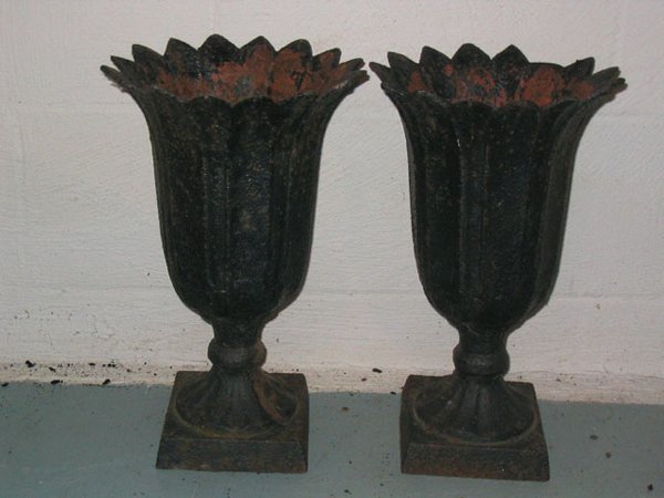 Pair of Late 19th C Cast Iron Ribbed Garden Urns