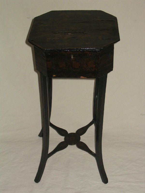 Heavily Lacquered & Japanned Lift Top Sewing Stand