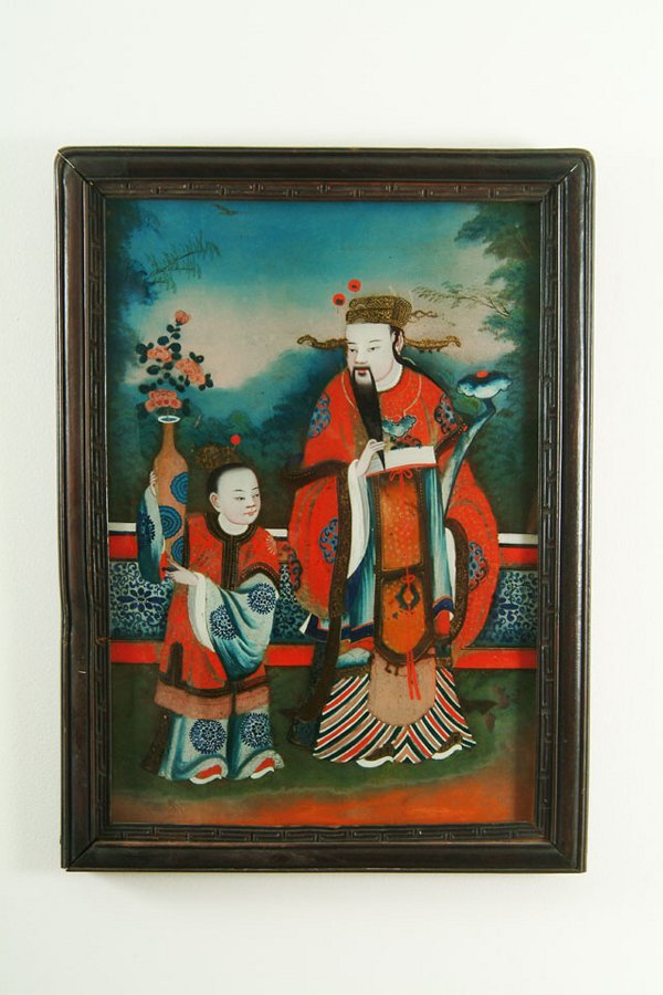 Reverse Painting of Oriental Gentlemen & Child