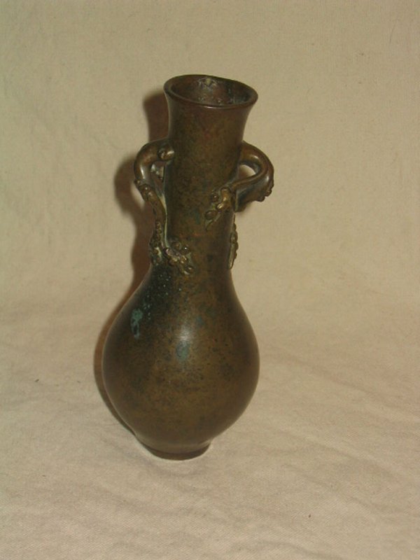 Oriental Bronze Vase w/Floral & Vine Handles