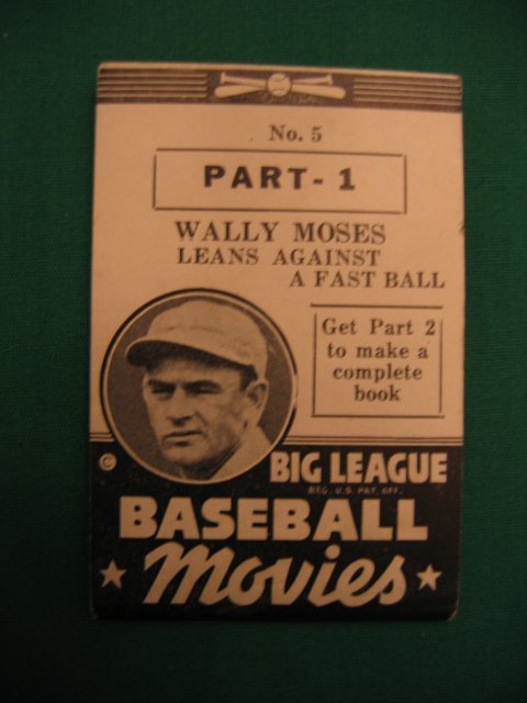Wally Moses 1938 R326 Goudey Movies Flip Booklet: Philadelphia Athletics. Goudey Big League Baseball. "Leans Against a Fastball". Part 1 No. 5. Very Scarce Series Issued by the Goudey Gum Company. Fabulous Near Mint Condition
