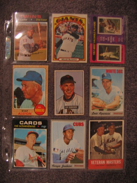 (9) Vintage Hall of Fame Baseball Player Cards: Players Include Gorgeous 1951 Bowman Leo Durocher, 1971 Topps Carew, 1970 Topps Jenkins, McCovey, Mantle, Alston, Aparicio, Casey Stengel & Red Schoendienst