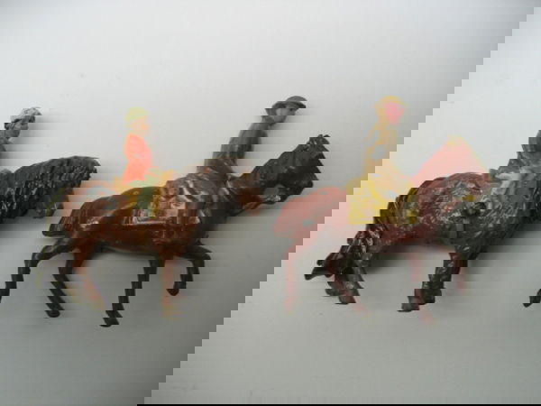 Lead Shetland Pony & Rider Toy: & 1 WWI Mounted Soldier, break in tail. Paint 85%