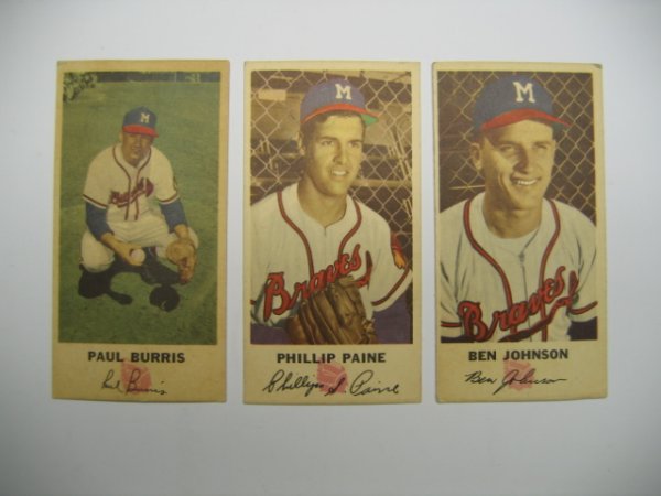 Johnston Cookies 1954 Milwaukee Braves Cards: Great Baseball Card Grouping of (3). Includes Paul Burris #29, Phillips Paine #11 NM & Ben Johnson #12