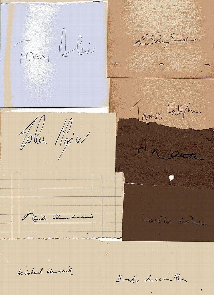 COLLECTION OF BRITISH PRIME MINISTERS SIGNATURES.: A collection of almost every British prime ministers signatures up until Gordon Brown. gordon brown tony blair john major margaret thatcher james callaghan harold wilson edward heath alec douglas hume