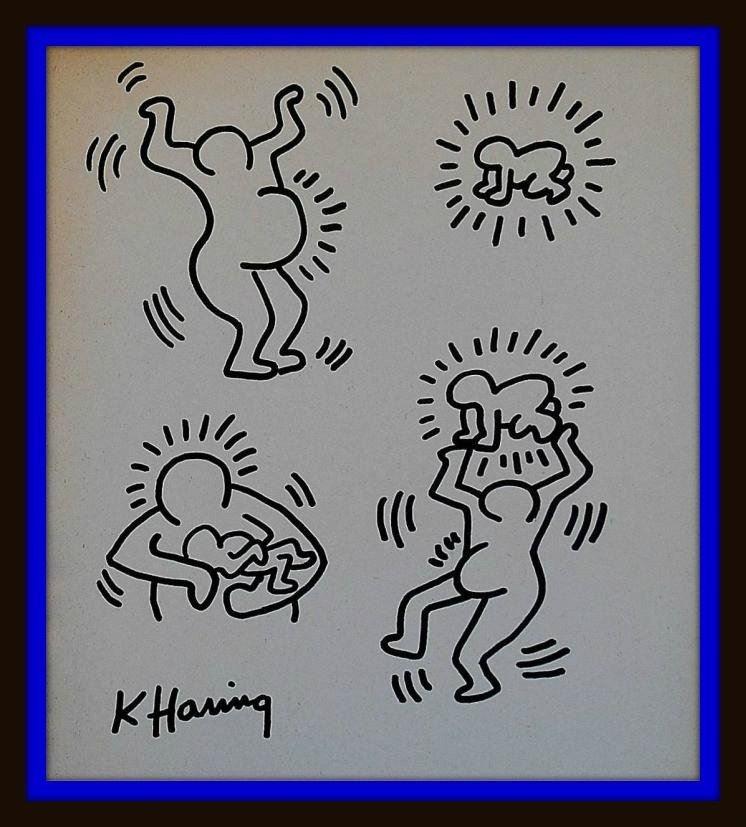 KEITH HARING: WOMAN'S STAGES OF LIFE.: A rare Keith Haring drawing of womanhood showing the pregnant woman, woman with baby, the typical person holding radiant baby (but with the pregnant woman) and lastly radiant baby. Provenance: Supplie