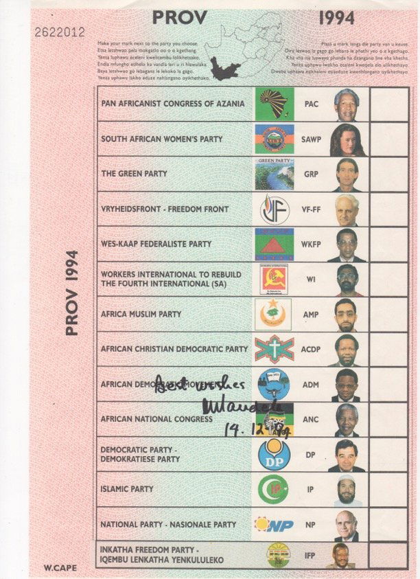 Nelson Mandela signed Ballot Paper 1994. (1 of 1)