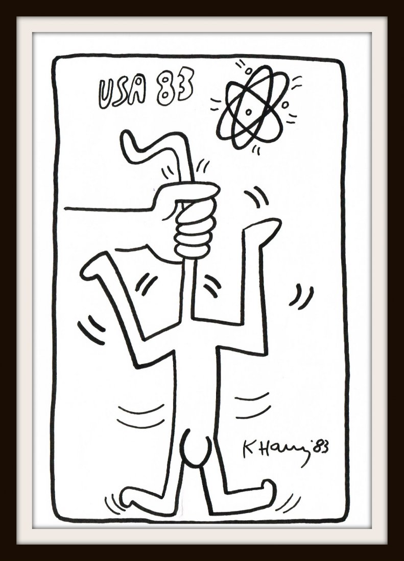 KEITH HARING: MAN HANGING FROM A HAND.: Man hanging from a hand by Keith Haring. Black marker on paper, signed by Keith Haring. Professionally mounted and framed in wood. Drawing 12x9 inches.