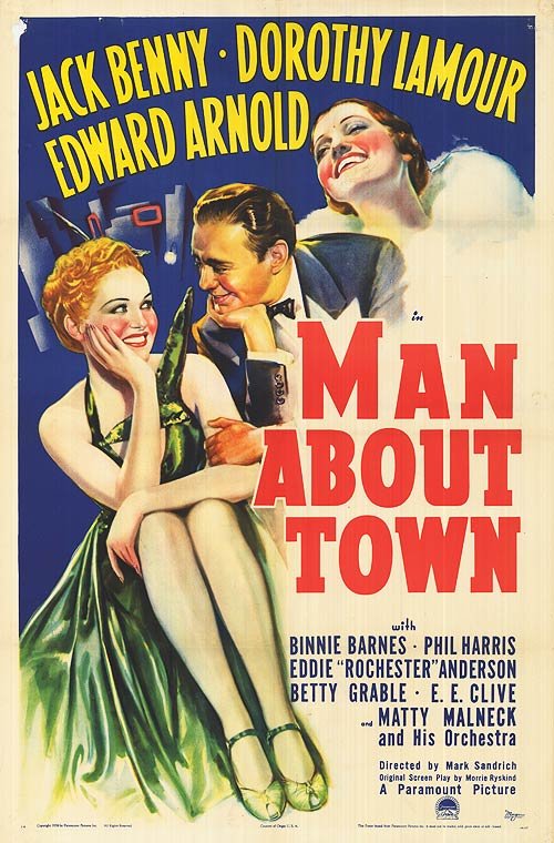 VINTAGE MAN ABOUT TOWN 1939 POSTER.: Man about town vintage original 1939 poster. The movie starred Jack Benny, and Dorothy Lamour. Size: 27 x 41 inches.