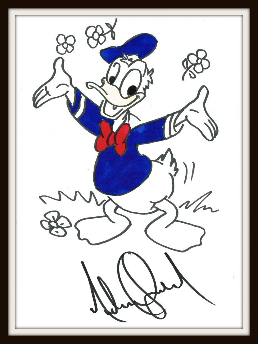 MICHAEL JACKSON: DONALD DUCK.: A color drawing of Donald Duck. Sharpie and markers on paper. Size: 8.5 x 12 inches. Signed by Michael Jackson. Professionally mounted in wood.