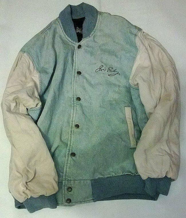 ELVIS PRESLEY BLUE AND WHITE DEMIN JACKET.: ELVIS PRESLEY BLUE AND WHITE DEMIN JACKET. A demin jacket with the embroidery Elvis Presley. Made by: Auburn sportswear. Made by: Auburn sportswear. 18 inches wide.