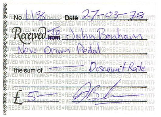 JOHN BONHAM RECEIPT FOR A DRUM PEDAL. (1 of 2)