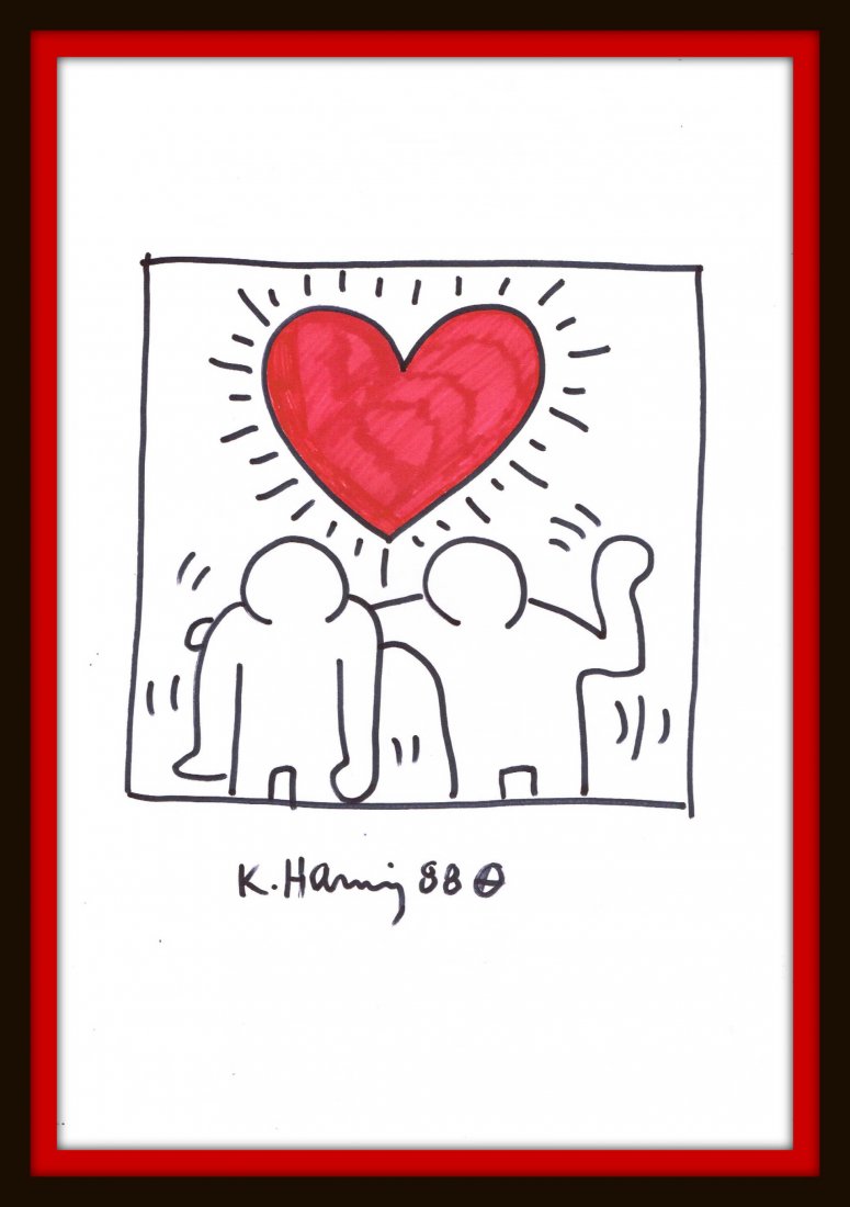 KEITH HARING: TWO MEN HOLDING A HEART. (1 of 1)