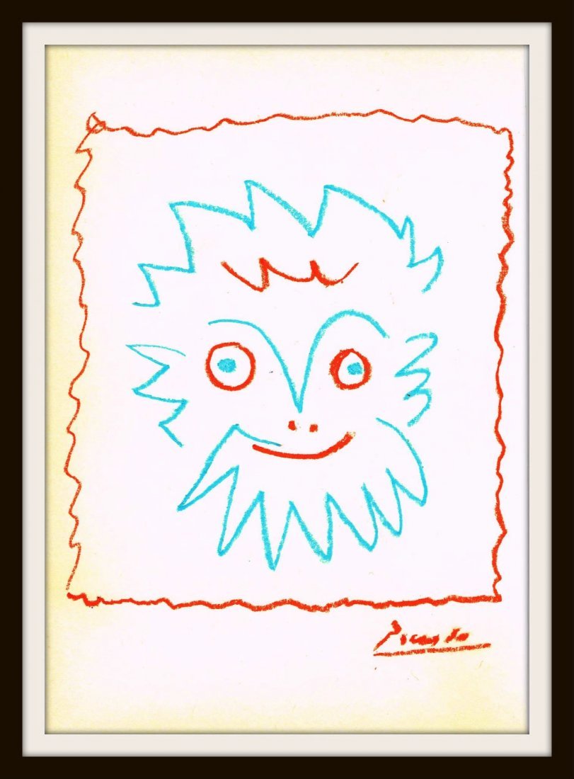 PABLO PICASSO DRAWING.: A drawing by Pablo Picasso of an animal in crayon, additionally signed by Picasso. Professionally mounted and framed in Wood. Card: 12x8 inches. Condition: Very good. Some age toning.