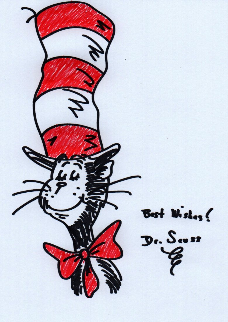 DR SEUSS: CAT IN THE HAT.: A drawing of The Cat in the hat signed by Dr Seuss aka Theodor Seuss Geisel. The drawing measures 17x12cm's.