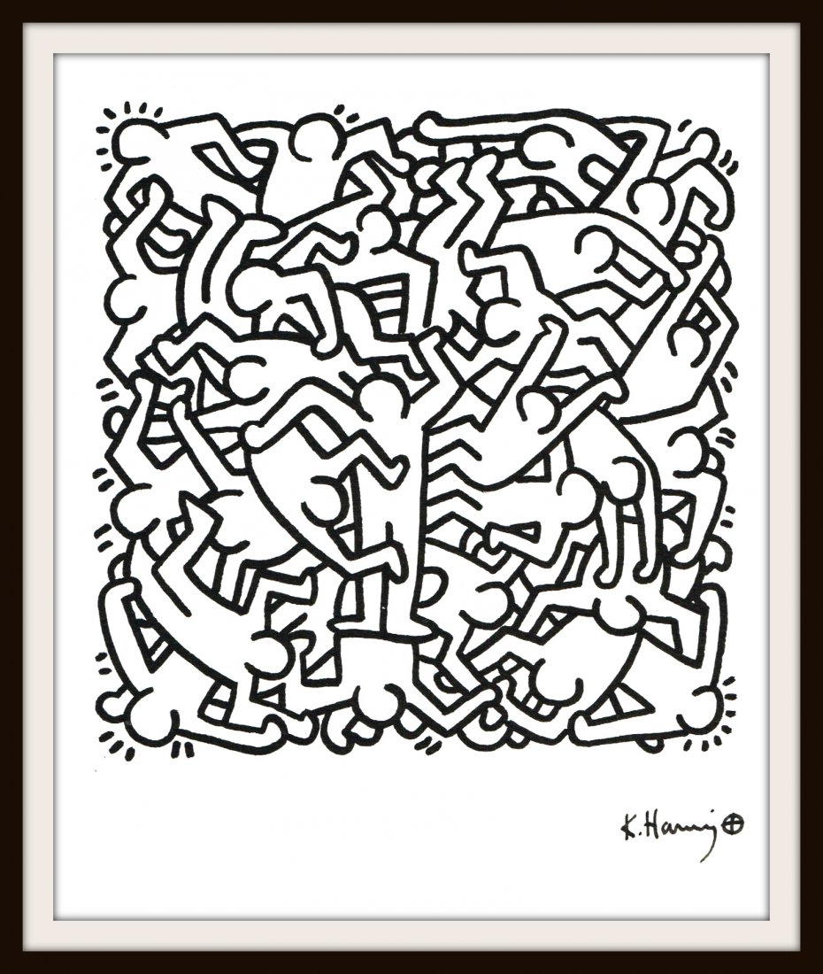 KEITH HARING: A CLUSTER OF MEN.: A drawing by Keith Haring of a cluster of men all connected together. Image: 7.5x7.5 inches on white card. Professionally mounted and framed in wood. Supplied with coa.