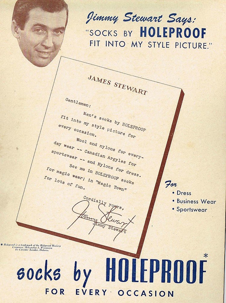 JAMES STEWART 1950'S ADVERTISING BOARD.: A vintage advertising board for 'Hole proof' showing that James Stewart endorses the product. 12x8 inches.