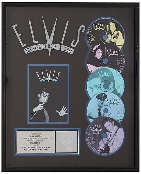 ELVIS PRESLEY RIAA PLATINUM AWARD "ELVIS THE KING".: An RIAA "platinum" compact disc award, ELVIS THE KING OF ROCK 'N' ROLL THE COMPLETE 50'S MASTERS, R.I.A.A. presented to Don Wardell.