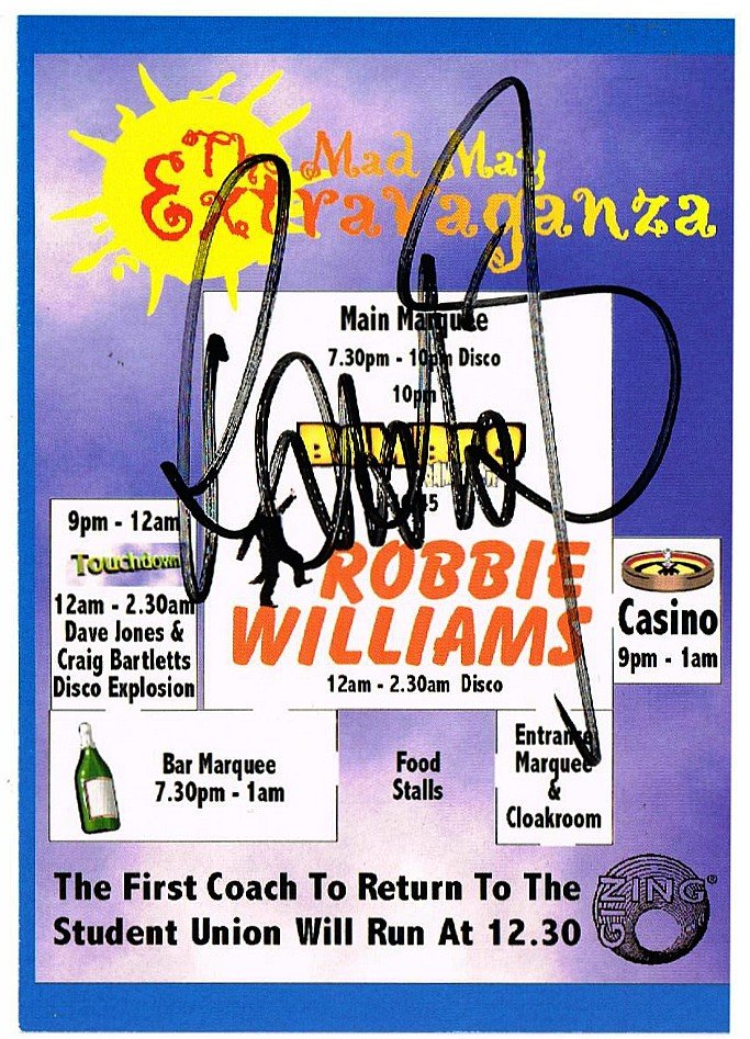 ROBBIE WILLIAMS SIGNED POSTCARD. (1 of 1)