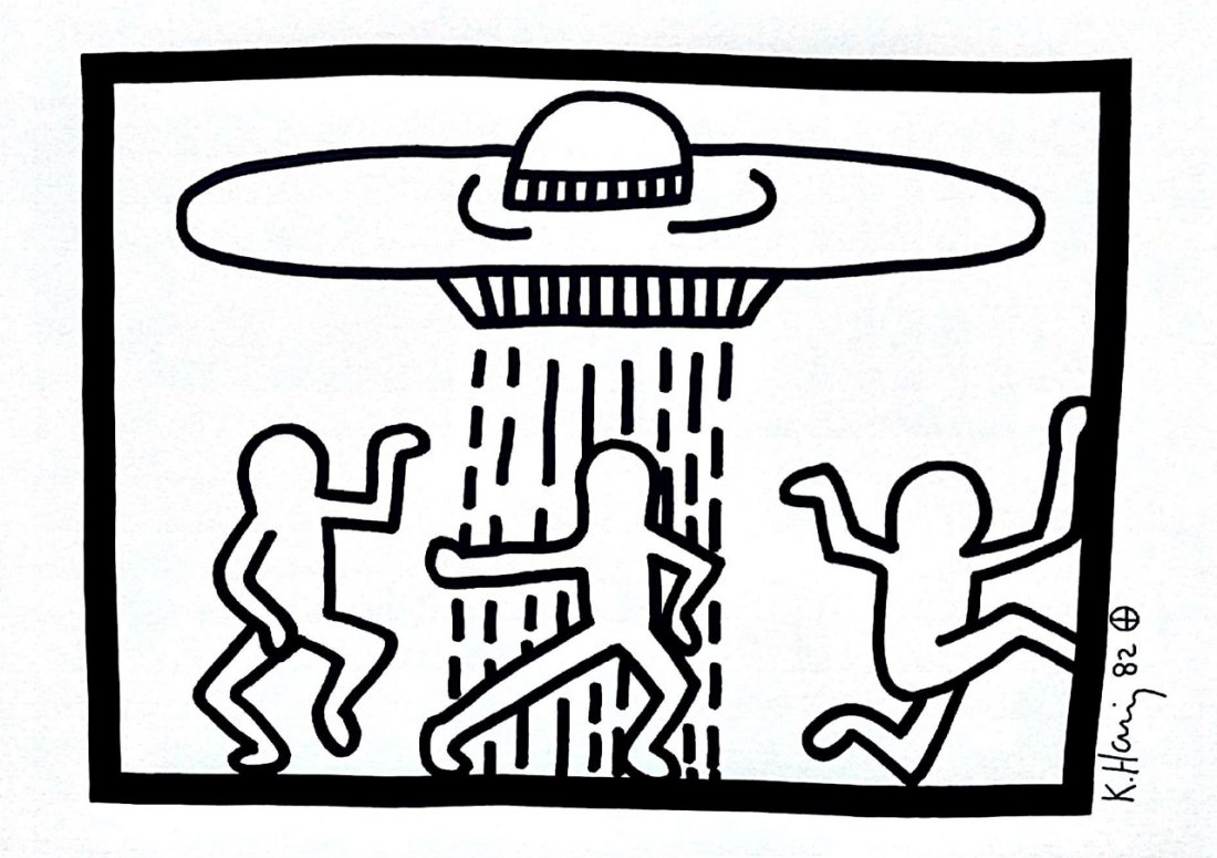 KEITH HARING: DISCO MAN AND THE UFO.: An A4 drawing by Keith Haring of 3 Disco men and a UFO signed by Haring. Supplied with coa with authentication certification number.