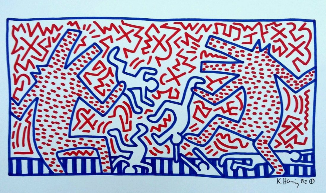 KEITH HARING: BARKING DOG WITH THE ACROBAT MEN. (1 of 2)