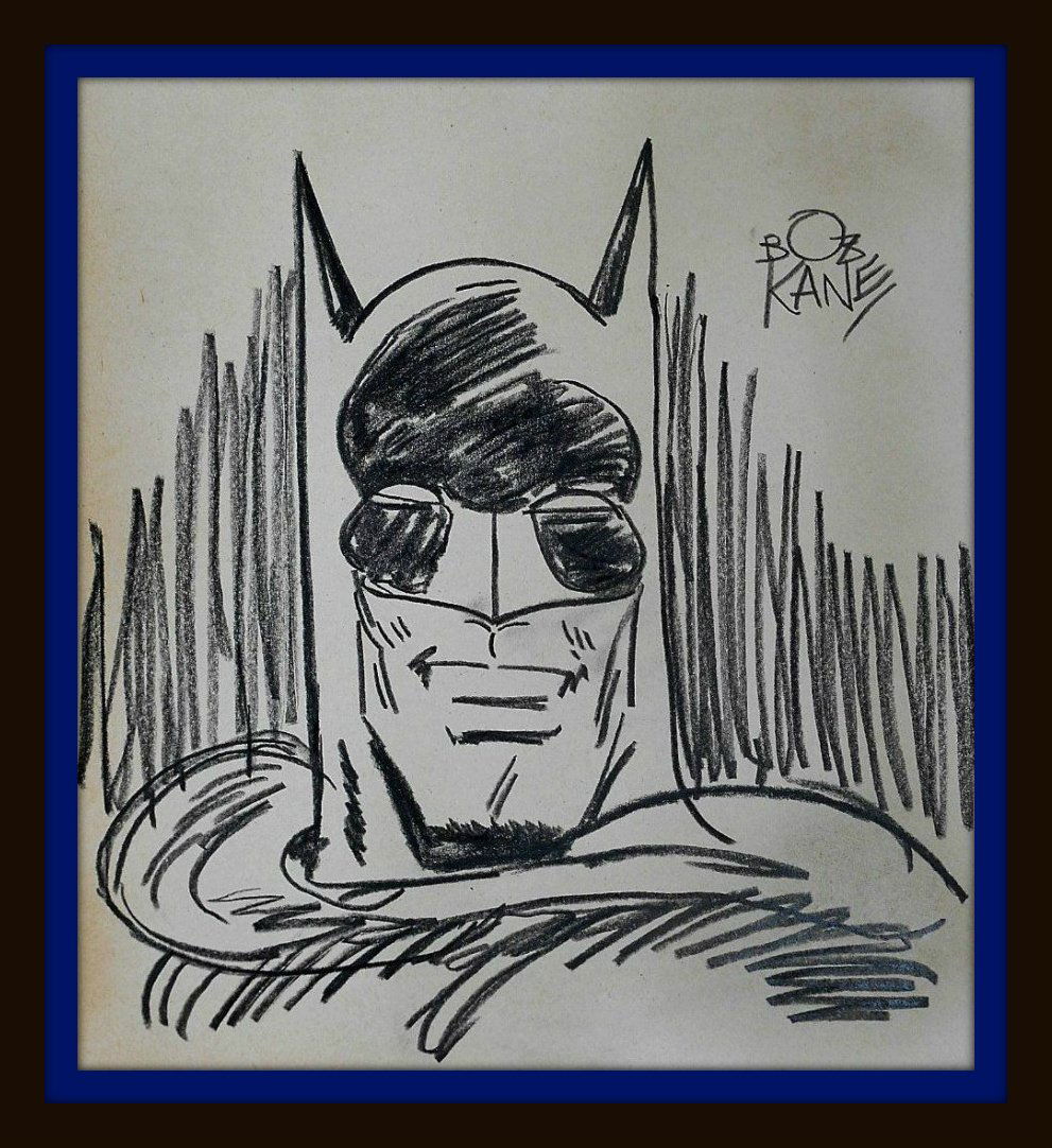 BOB KANE'S DRAWING OF BATMAN.: A drawing of Batman by creator Bob Kane. Size: approx 10x9 inches. Professionally mounted and framed in wood. Supplied with coa with authentication certification number.