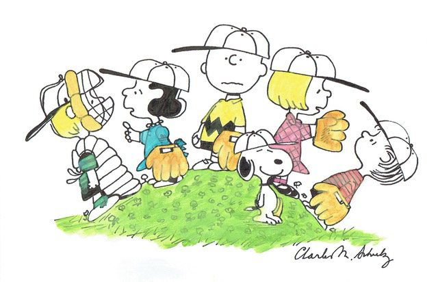 CHARLES SCHULZ: CHARLIE BROWN GANG PLAYING BASEBALL.: An original drawing and Watercolour of Charlie Brown, Snoopy, Schroeder, Lucy Van Pelt, Violet Gray and Pig-pen playing baseball which has been drawn and then water coloured by Charles M Schulz sign
