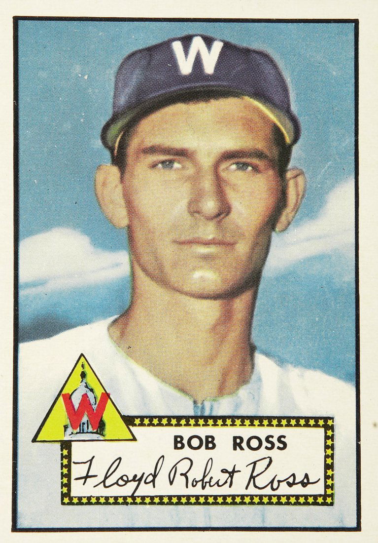 BOB ROSS NO 96. 1952 TOPPS BASEBALL CARD.: Bob Ross was signed by the Brooklyn Dodgers as an amateur free agent in 1945 and again in 1949 by the Washington Senators from the Dodgers in the 1949 minor league draft. Ungraded card.