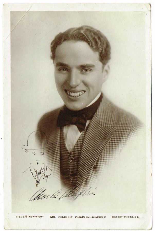 CHARLIE CHAPLIN SIGNED POSTCARD. (1 of 2)