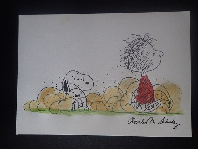 Watercolour by Charles Schulz of Snoopy& Linus Van Pelt: An original watercolour of Snoopy and Linus Van Pelt by Charles Schulz and signed by him with a full signature. 8x6 inches.Supplied with coa with authentication certification number.