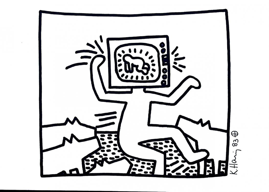 KEITH HARING: TV MAN WITH RADIANT BABY.: An original drawing and signature by Keith Haring in black ink on A4 heavy art paper signed and dated 83 being 20 cm by 17.5 cm.Supplied with coa with authentication certification number.