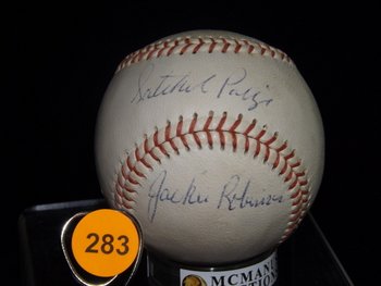 Robinson & Paige Autographed Baseball. Wilson "GO GO: Robinson & Paige Autographed Baseball. Wilson "GO GO SOX" Official League Ball. Signed by Jackie Robinson and Satchell Paige. Appraised or estimated retail value $12000. COA by Christopher Morales.