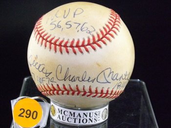 Mickey Charles Mantle "No. 7 HoF" Autographed Baseball.: Mickey Charles Mantle "No. 7 HoF" Autographed Baseball. Rawlings Official ALB Gene Budding Pres. Ball. Appraised or estimated retail value $3000. COA by Christopher Morales.