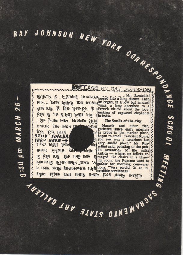 Ray Johnson (American 1927-95). Sacremento: Correspondence-Art postcard to promote the New York Correspondance School "Meeting" at the Sacramento State College, Spring 1969. 19 x 14