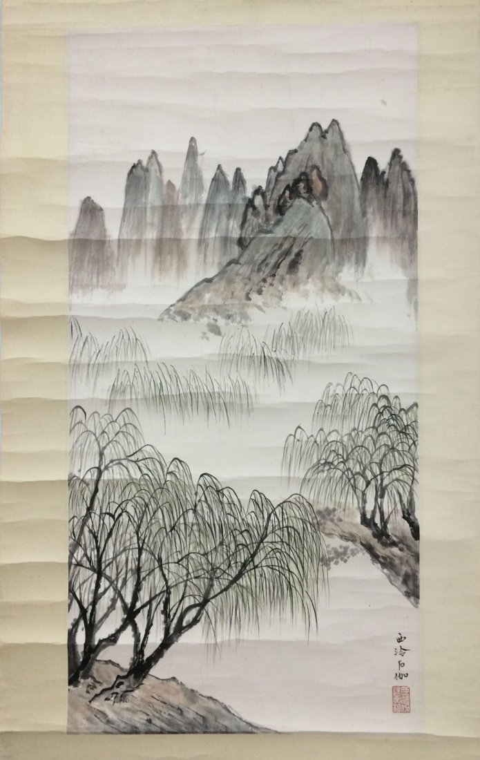 Chinese Landscape Painting By Shen Shi Ga Mounted no: Chinese Landscape Painting By Shen Shi Ga Mounted no Frame 27.2"x17.7",69x45cm;ç”³çŸ³ä¼½
