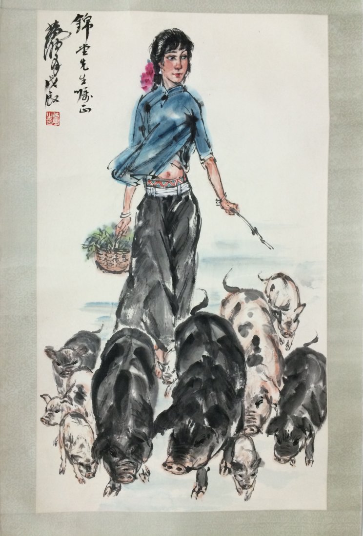 Chinese Painting By Huang Zhou Mounted With no Frame: Chinese Painting By Huang Zhou Mounted With no Frame, 37.8"x22",96x56cm;é»ƒèƒ„