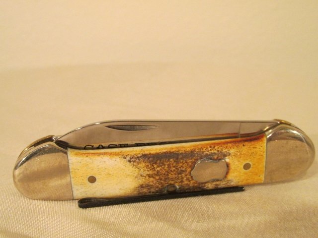 Case Bros Cutlery Stag Canoe Knife w shield: This is a Case Cutlery burnt Stag handle Canoe knife comes with Tin. Dates to 2003.
