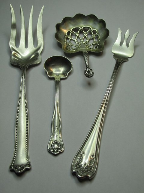 4 Early Sterling Silverware pieces GORHAM ETC: Whiting manufacturing CO Sterling Bon Bon Spoon measures 3 inches long. Company was absorbed into Gorham Mfg in 1926. Gorham Sterling Fork 1896 Patent measures 6 inches long. SSMC Sterling pickle Fork
