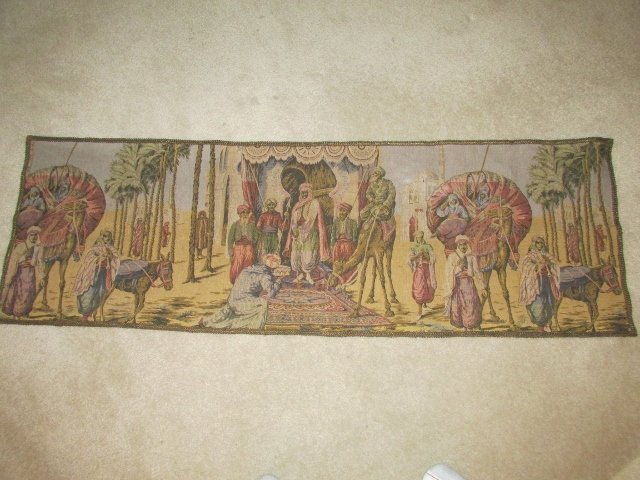 Early Arabian Tapestry Nice Colors Prince with Camels: Very Nice Early Arabian Prince Tapestry with decorative edging. Measures 56 inches long.