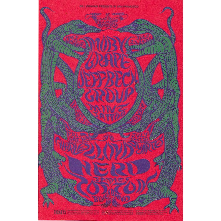 The Jeff Beck Group - Moby Grape - 1968 Handbill: THE JEFF BECK GROUP (English Rock Band) MOBY GRAPE (American Psychedelic Rock Band) Original & Vintage Bill Graham Presents Concert Postcard featuring Moby Grape and The Jeff Beck Group. This postcard