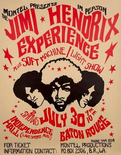 Jimi Hendrix Experience - 1968 Baton Rouge Poster: JIMI HENDRIX (1942-1970 American Rock Guitarist, Singer-Songwriter and Musician) Original & Vintage Jimi Hendrix Experience/Soft Machine Baton Rouge Concert Poster (Montel Productions, 1968). Highly c