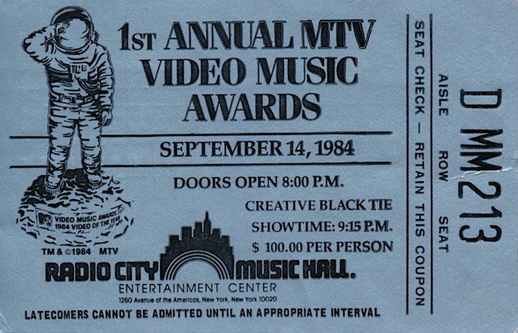 MTV - 1st Annual Video Music Awards - 1984 Show Ticket (1 of 2)