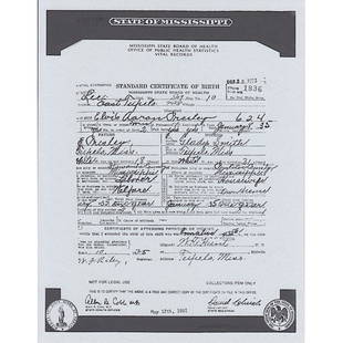 Elvis Presley - Birth Certificate: ELVIS PRESLEY (1935-1977 American Singer and Actor) An authentic Copy of Elvis Aaron Presley Birth Certificate. Includes COA. Dimensions: 8.5 inches by 11 inches